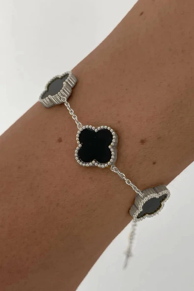 Silver Siyah Doğal Taşlı Premium Çelik Bileklik - Resim 2