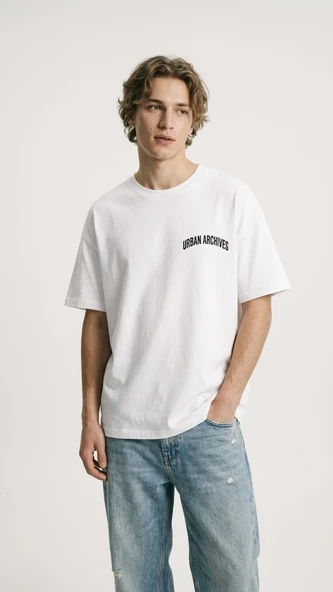 Erkek Beyaz Urban Archives Sırt Baskılı Premium Oversize Tişört ürün görseli 1