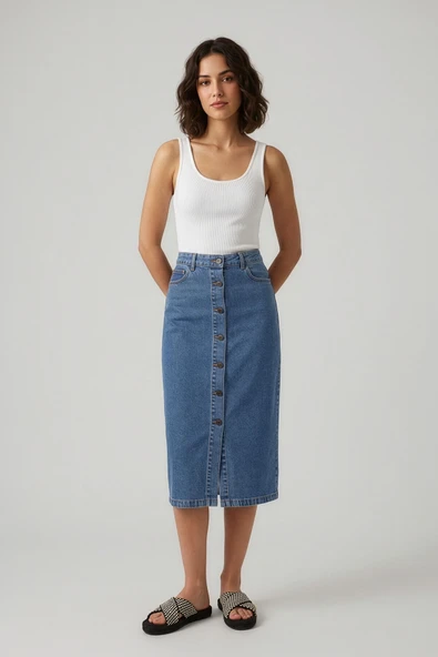 Önden Düğmeli Yüksek Bel Uzun Mavi Denim Etek ürün görseli 1
