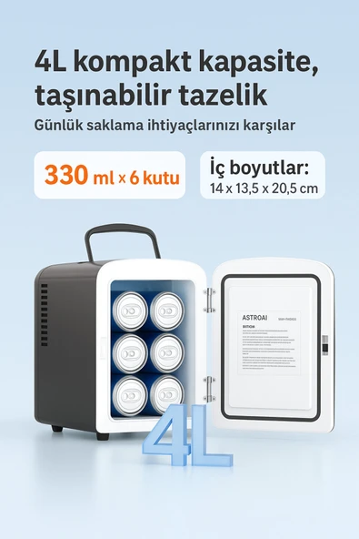 AstroAI Mini Buzdolabı 4L – Taşınabilir Sessiz Soğutucu (12V/220V, Raflı, Ev & Araç Kullanımı) ürün görseli 1