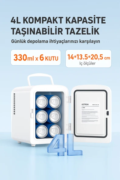 AstroAI Mini Buzdolabı 4L – Taşınabilir Sessiz Soğutucu (12V/220V, Raflı, Ev & Araç Kullanımı) ürün görseli 1