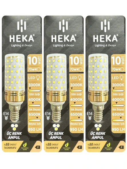 (3 Adet) Heka 10W (70W) Sarı-Günışığı-Beyaz E14 Duylu Üç Renkli Led Mısır Ampul ürün görseli 1