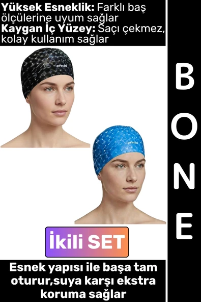 #Bone Konforlu Esnek Yumuşak Havuz Deniz Yüzme Kaygan İç Yüzey Şık Su Geçirmez Saç Bonesi İkili SET ürün görseli 1