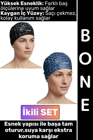 #Bone Konforlu Esnek Yumuşak Havuz Deniz Yüzme Kaygan İç Yüzey Şık Su Geçirmez Saç Bonesi İkili SET ürün görseli 1