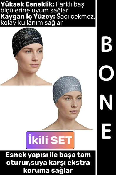 #Bone Konforlu Esnek Yumuşak Havuz Deniz Yüzme Kaygan İç Yüzey Şık Su Geçirmez Saç Bonesi İkili SET ürün görseli 1