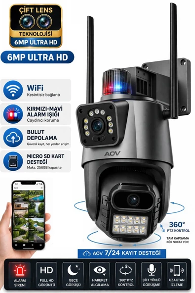 SW-318 Dual Lens 6MP WiFi Güvenlik Kamerası Gece Görüşlü Hareketli Sesli Çakarlı Alarm Akıllı Kamera ürün görseli 1