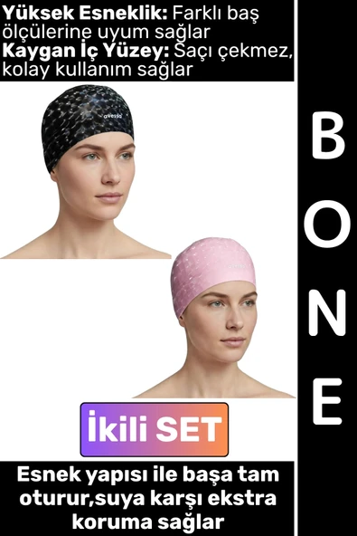 #Bone Konforlu Esnek Yumuşak Havuz Deniz Yüzme Kaygan İç Yüzey Şık Su Geçirmez Saç Bonesi İkili SET ürün görseli 1