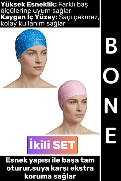 #Bone Konforlu Esnek Yumuşak Havuz Deniz Yüzme Kaygan İç Yüzey Şık Su Geçirmez Saç Bonesi İkili SET ürün görseli 1