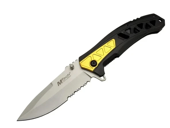 4191 Sarı Kamp Çakı 21cm - Yarı Otomatik, Kemerlikli, Testere Detaylı, Desenli Sap ürün görseli 1