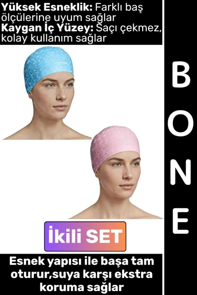 #Bone Konforlu Esnek Yumuşak Havuz Deniz Yüzme Kaygan İç Yüzey Şık Su Geçirmez Saç Bonesi İkili SET ürün görseli 1