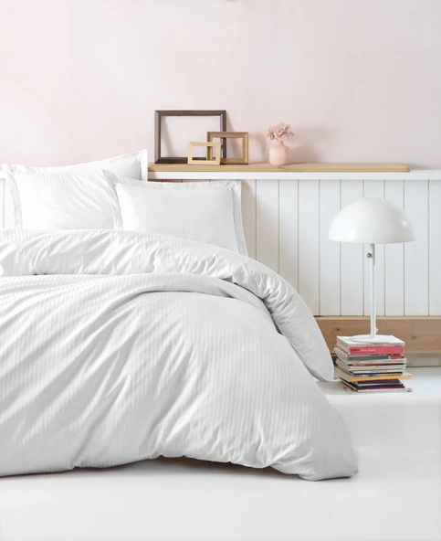 Çift Kişilik Saten Nev Takımı Elegante Stripe Beyaz ürün görseli 1
