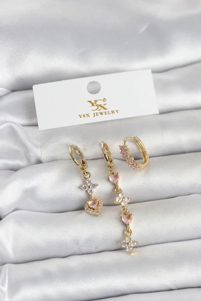 Pirinç Gold Renk Pembe Zirkon Taşlı 3'lü Kadın Küpe TJ-BKP11707 ürün görseli 1