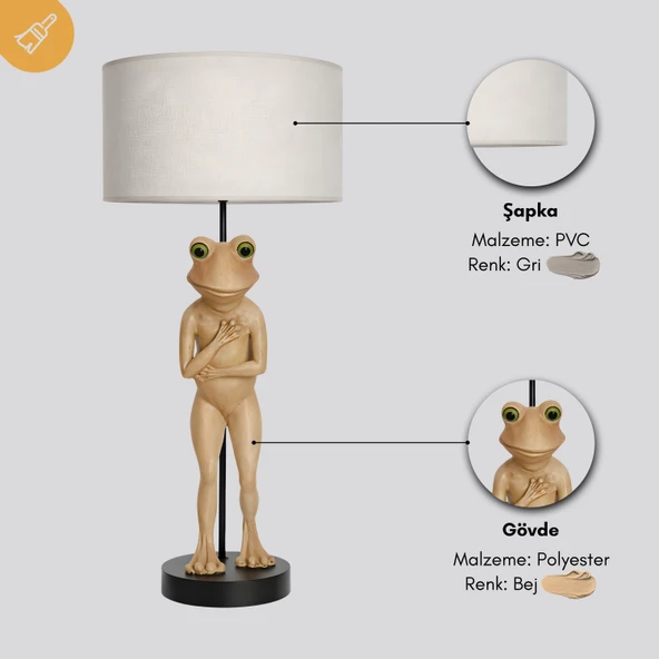 Frog Bej Gövde Gri Başlık Dekoratif Abajur - Resim 6