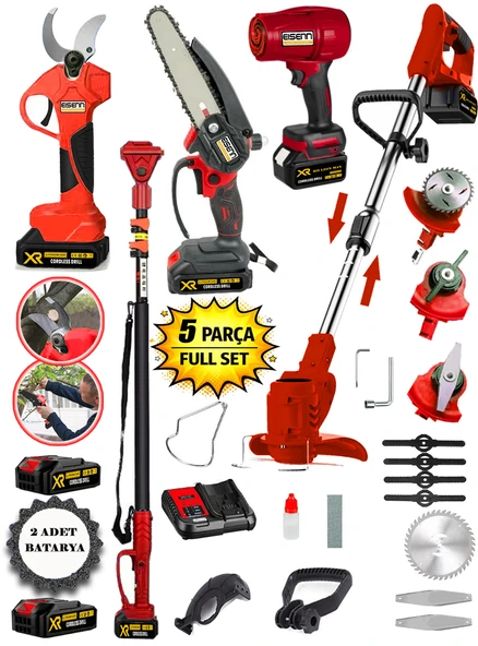Eısenn Red 500 Full 5 Li Bahçe Seti Makas 17 Cm Testere Hava Üfleme Çim Biçme Teleskop +2 Akülü ürün görseli 1