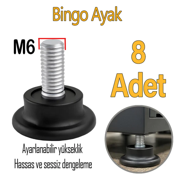 8 Adet Bingo Rotil  Ayak Ayakları M6 Civatalı 6 Mm Siyah Profil Ayağı 2.5 Cm ürün görseli 1
