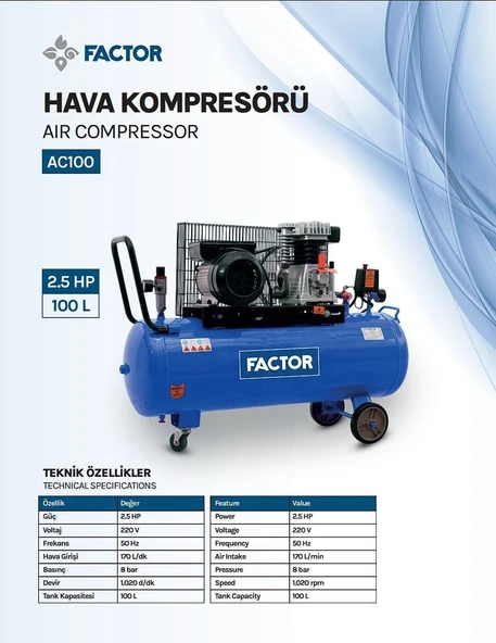 Factor 100 Litre Yağlı Hava Kompresörü 2,5 Hp AC100 - Resim 2