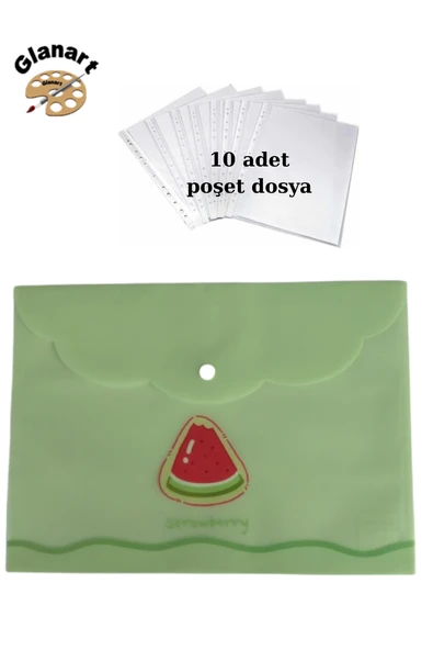 a4 boy çıt çıt  ödev dosyası +10' lu poşet dosya  pastel renkler yeşil karpuz desen ürün görseli 1