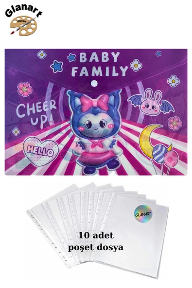 a4 boy çıt çıt  ödev dosyası +10' lu poşet dosya  baby family hello ürün görseli 1