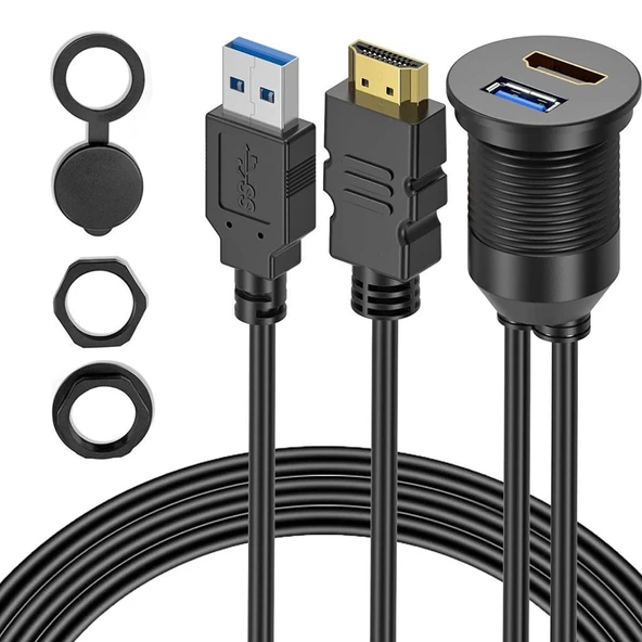USB 3.0 + HDMI Uzatma Kablosu Panel Tipi Yuvarlak 2 Metre ürün görseli 1