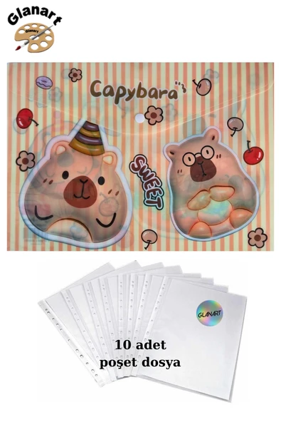 a4 boy çıt çıt  ödev dosyası +10' lu poşet dosya  capybara sweet ürün görseli 1