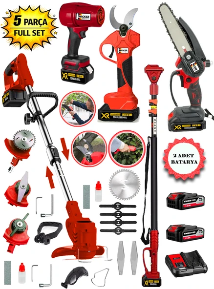 PROWACKERS Pro Red W-770 5 Li Bahçe Seti Teleskop+Makas 17 Cm Testere Hava Üfleme Çim Biçme +2 Akülü ürün görseli 1
