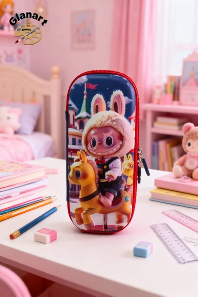 labubu kabartmalı içi fileli kalem kutusu kalemlik 1 adet atlı desen ürün görseli 1