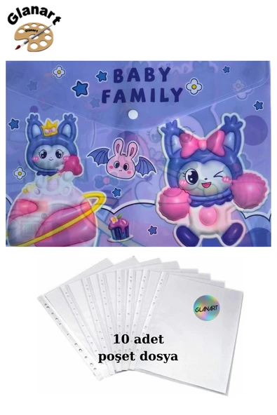 a4 boy çıt çıt  ödev dosyası +10' lu poşet dosya  baby family mor ürün görseli 1