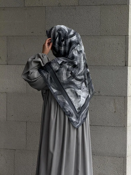 Pamuklu Soft Fırça Desen Eşarp-Siyah/Antrasit - Resim 4