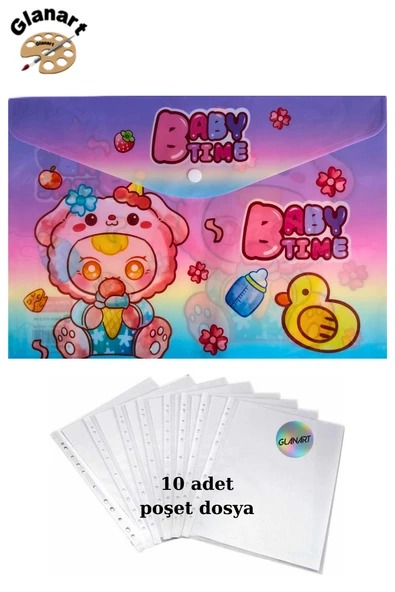 a4 boy çıt çıt  ödev dosyası +10' lu poşet dosya  baby time gökkuşağı ürün görseli 1