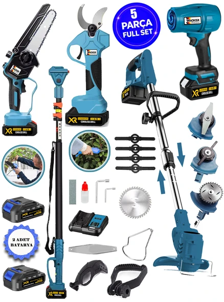 PROWACKERS Blues W-1200 5 Li Bahçe Seti Teleskop+Makas 17 Cm Testere Hava Üfleme Çim Biçme +2 Akülü ürün görseli 1