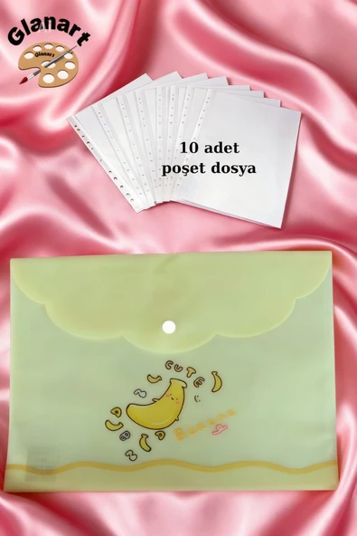 a4 boy çıt çıt  ödev dosyası +10' lu poşet dosya  pastel renkler sarı muz desen ürün görseli 1