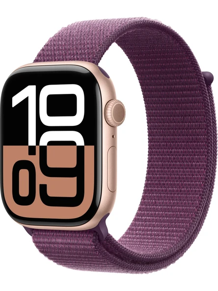 Apple Watch Series 10 GPS, 46 mm Roze Altın Rengi Alüminyum Kasa ve Kırmızı Erik Spor Loop (Apple Türkiye Garantili) ürün görseli 1