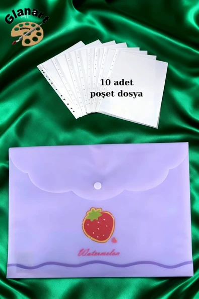 a4 boy çıt çıt  ödev dosyası +10' lu poşet dosya  pastel renkler lila çilek desen ürün görseli 1
