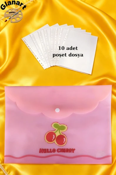 a4 boy çıt çıt  ödev dosyası +10' lu poşet dosya  pastel renkler pembe kiraz desen ürün görseli 1