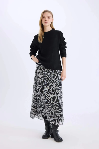 Defacto E3974 Siyah Flare Fit Zebra Desenli Yüksek Bel Tül Maxi Etek ürün görseli 1