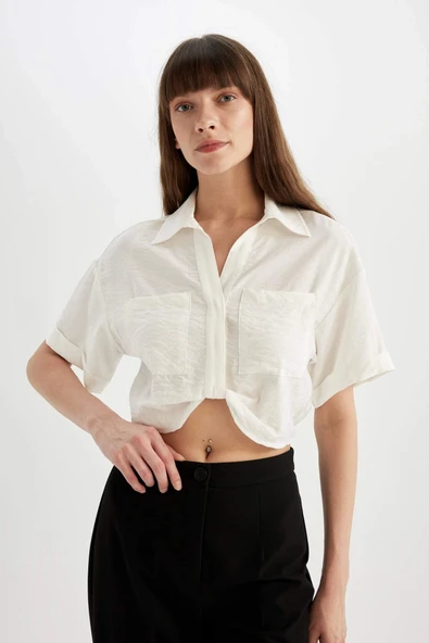 Defacto C7799 Ekru Crop Gömlek Yaka Twill Kısa Kollu Bluz ürün görseli 1