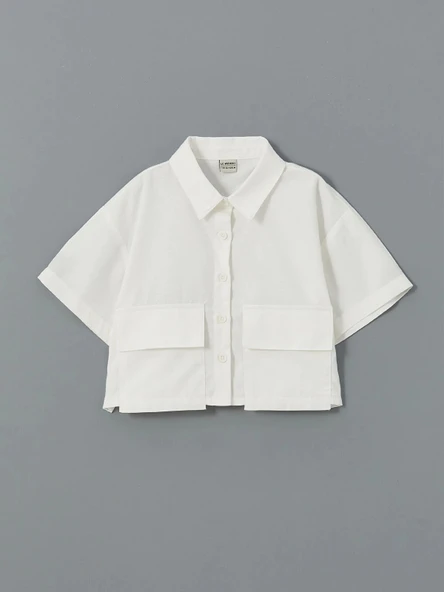 LCW Kids BEYAZ Basic Kısa Kollu Kız Çocuk Crop Gömlek ürün görseli 1