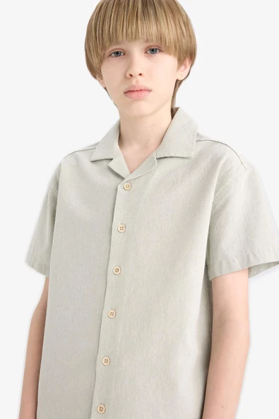 Defacto E3314 Yeşil Erkek Çocuk Oversize Geniş Kalıp Polo Yaka Müslin Kısa Kollu Gömlek ürün görseli 1