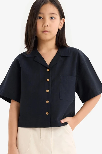 Defacto D7638 Siyah Kız Çocuk Cropped Fit Keten Kısa Kollu Gömlek ürün görseli 1