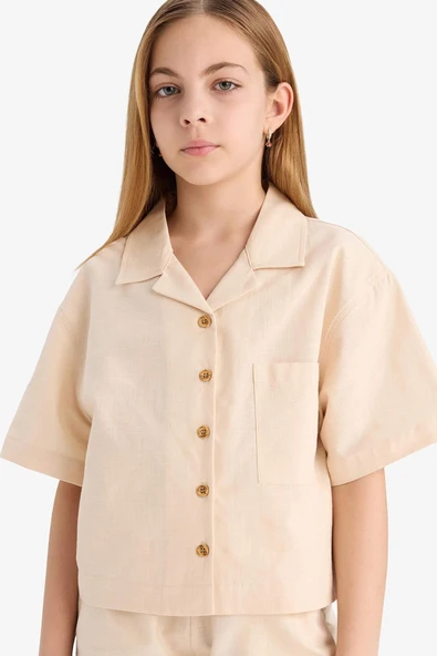 Defacto D7638 Ekru Kız Çocuk Cropped Fit Keten Kısa Kollu Gömlek ürün görseli 1