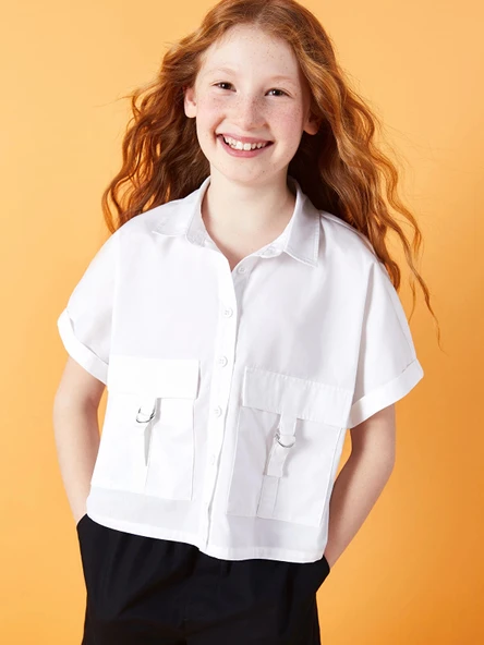LCW Kids Beyaz Basic Kısa Kollu Kız Çocuk Crop Gömlek ürün görseli 1