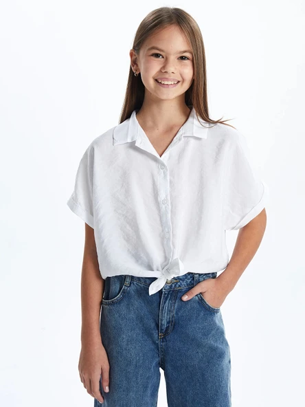 LCW Kids BEYAZ Basic Kısa Kollu Kız Çocuk Crop Gömlek ürün görseli 1