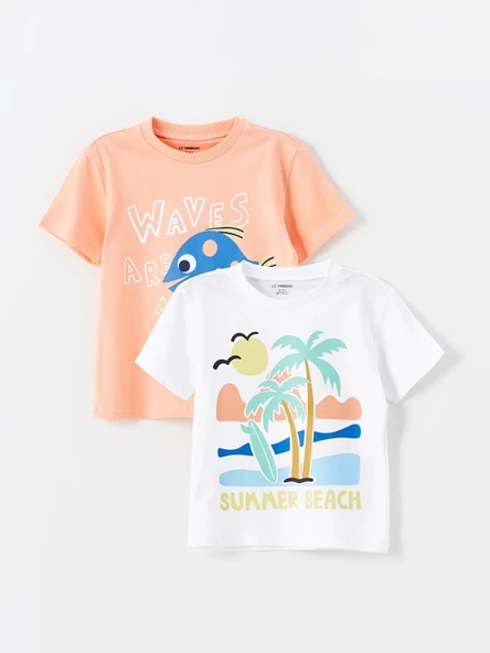 LCW Kids Beyaz Bisiklet Yaka Kısa Kollu Baskılı Erkek Bebek Tişört 2'li ürün görseli 1