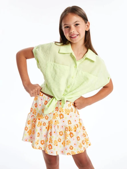 LCW Kids Ekru Beli Lastikli Çiçekli Kız Çocuk Şort Etek ürün görseli 1
