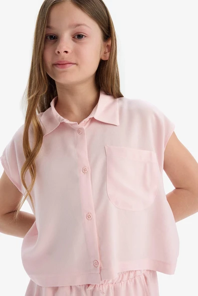 Defacto D7644 Pembe Kız Çocuk Cropped Fit Pamuklu Kısa Kollu Gömlek ürün görseli 1