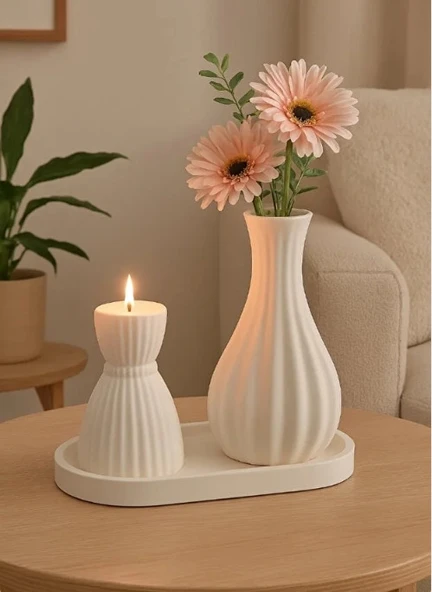OVAL TEPSİLİ DEKORATİF SET VAZO VE MUMLUK(ÇİÇEK DAHİL DEĞİLDİR.) ürün görseli 1