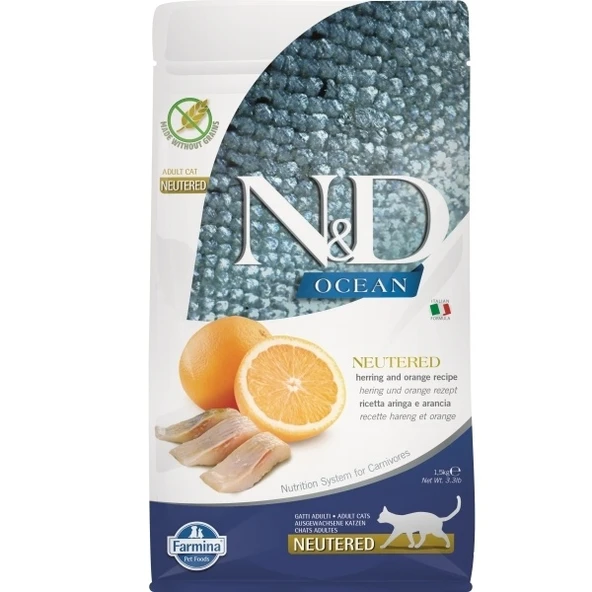 N&D Ocean Ringa Balıklı ve Portakallı Tahılsız Kısırlaştırılmış Kedi Maması 1.5 Kg ürün görseli 1