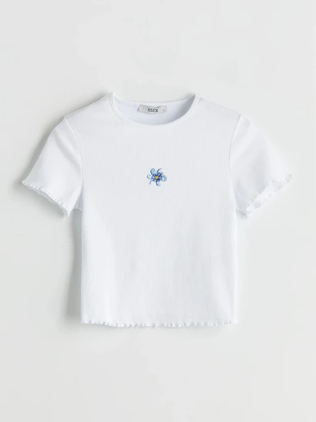 XSIDE Beyaz Bisiklet Yaka Çiçekli Crop - Resim 5