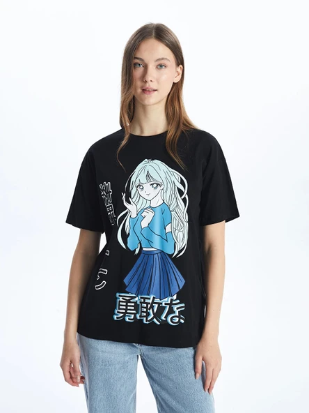 XSIDE Siyah Bisiklet Yaka Anime Baskılı Kadın Tişört ürün görseli 1