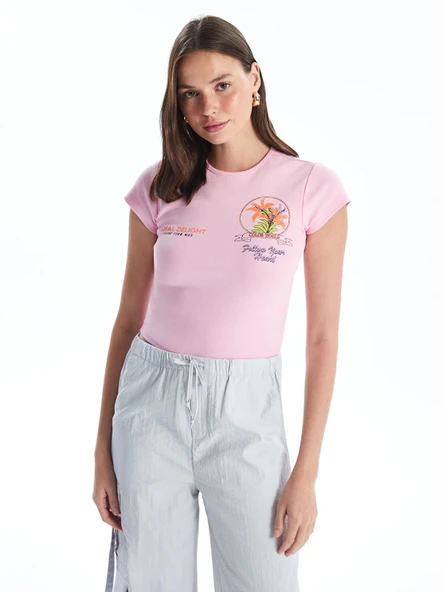 XSIDE Pembe Bisiklet Yaka Baskılı Kısa Kollu Kadın Crop ürün görseli 1